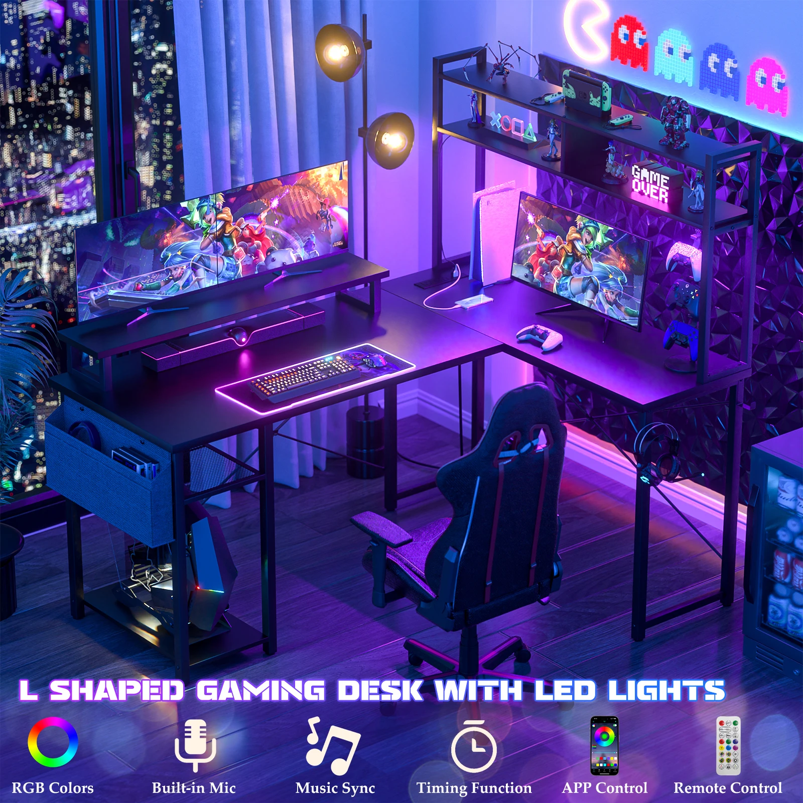 LED Gaming Desk With Power Outlets & Storage - Image 2