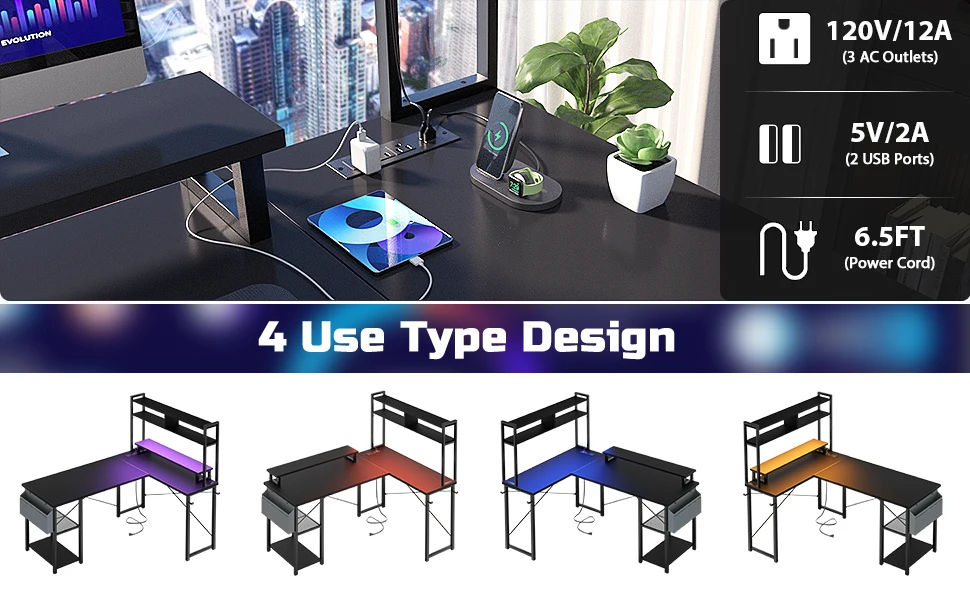 LED Gaming Desk With Power Outlets & Storage - Image 5