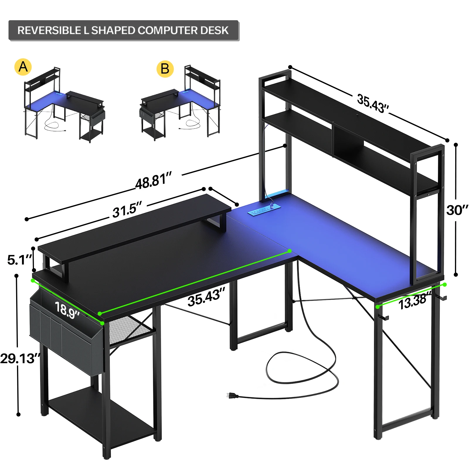 LED Gaming Desk With Power Outlets & Storage - Image 3