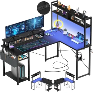 LED Gaming Desk With Power Outlets & Storage